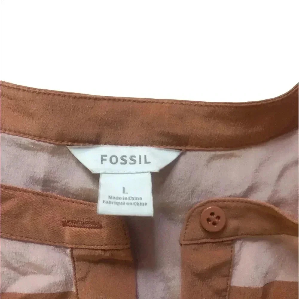 Fossil neutral striped Crew Neck silk  Blouse classic preppy timeless Old Money - Picture 6 of 15